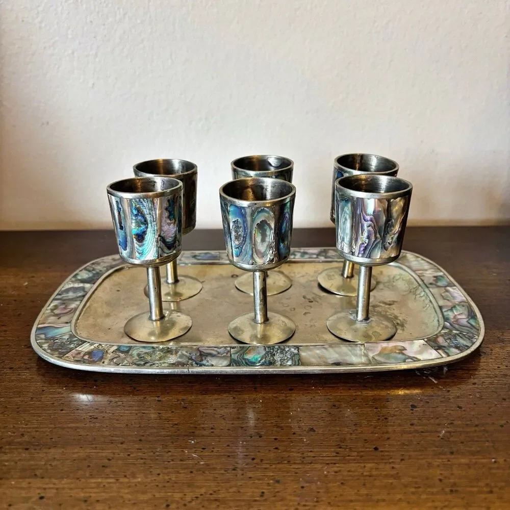 Vtg Cordial Set Mexican Alpaca Silver With Abalone MOP 6 Small Goblets With Tray